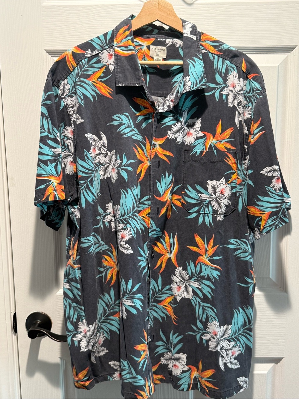 Jack O'Neill Black Tropical Floral Button-Down Shirt with Teal & Orange Accents - Picture 2 of 3